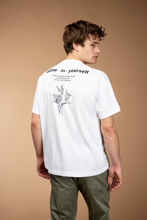 White Crew Neck Regular Fit Patterned Cotton T-shirt