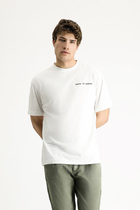 White Crew Neck Regular Fit Patterned Cotton T-shirt