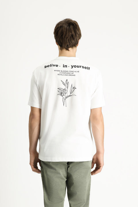 White Crew Neck Regular Fit Patterned Cotton T-shirt