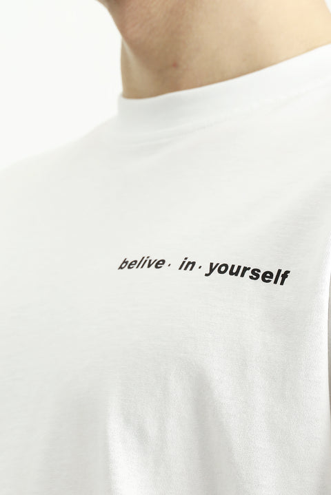 White Crew Neck Regular Fit Patterned Cotton T-shirt