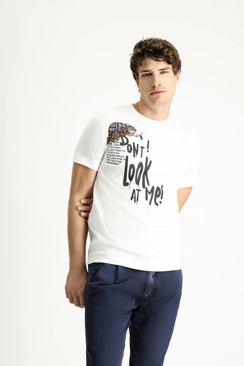 White Crew Neck Regular Fit Printed Cotton T-shirt