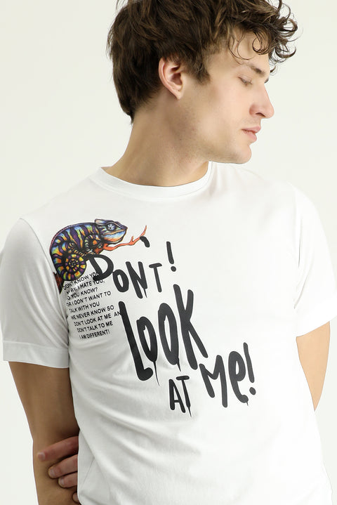 White Crew Neck Regular Fit Printed Cotton T-shirt
