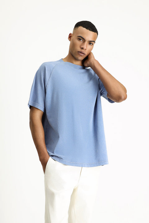 Indigo Crew Neck Oversize Printed Cotton T-Shirt