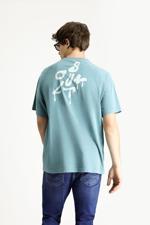 Dark Green Crew Neck Oversize Printed Cotton T-Shirt