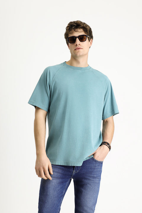 Dark Green Crew Neck Oversize Printed Cotton T-Shirt
