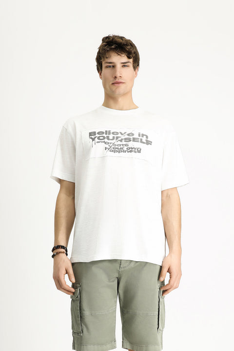 White Crew Neck Oversize Printed Cotton T-Shirt