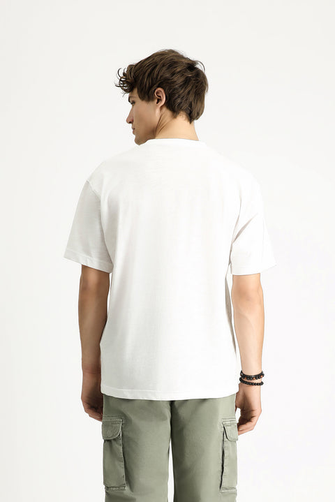 White Crew Neck Oversize Printed Cotton T-Shirt