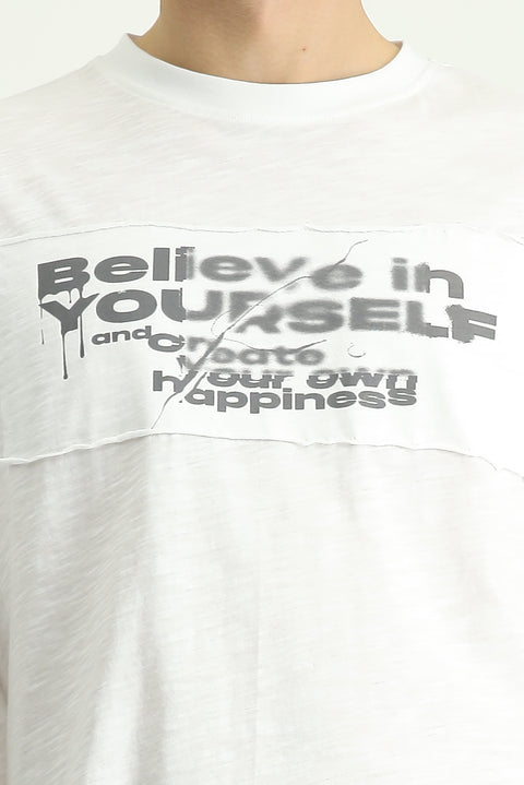 White Crew Neck Oversize Printed Cotton T-Shirt