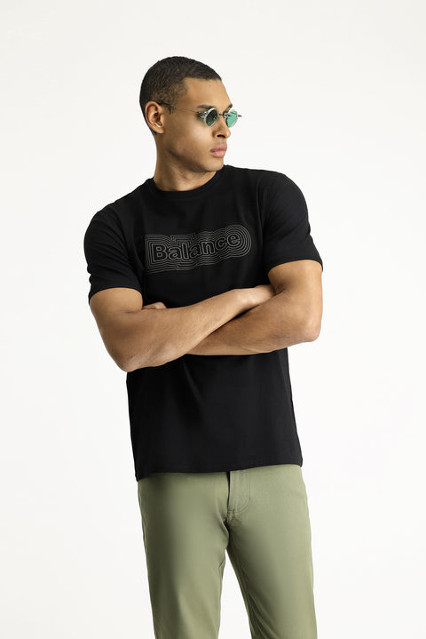 Siyah Bisiklet Yaka Regular Fit Baskılı Pamuklu Tişört
