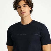 Dark Navy Techno-Line Crew Neck Regular Fit Printed Lycra T-shirt