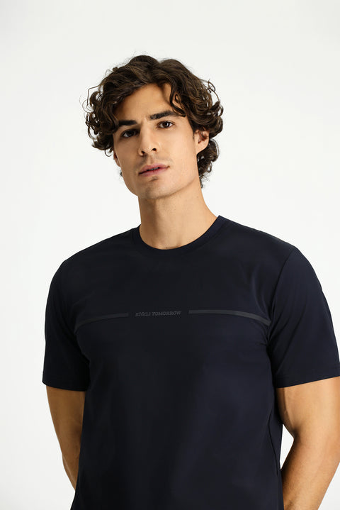 Dark Navy Techno-Line Crew Neck Regular Fit Printed Lycra T-shirt
