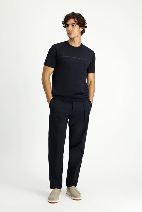 Dark Navy Techno-Line Crew Neck Regular Fit Printed Lycra T-shirt
