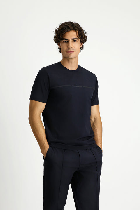 Dark Navy Techno-Line Crew Neck Regular Fit Printed Lycra T-shirt