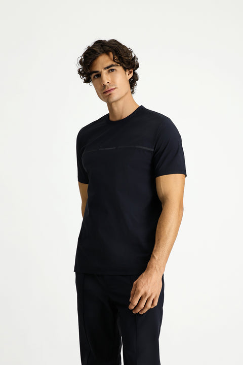 Dark Navy Techno-Line Crew Neck Regular Fit Printed Lycra T-shirt