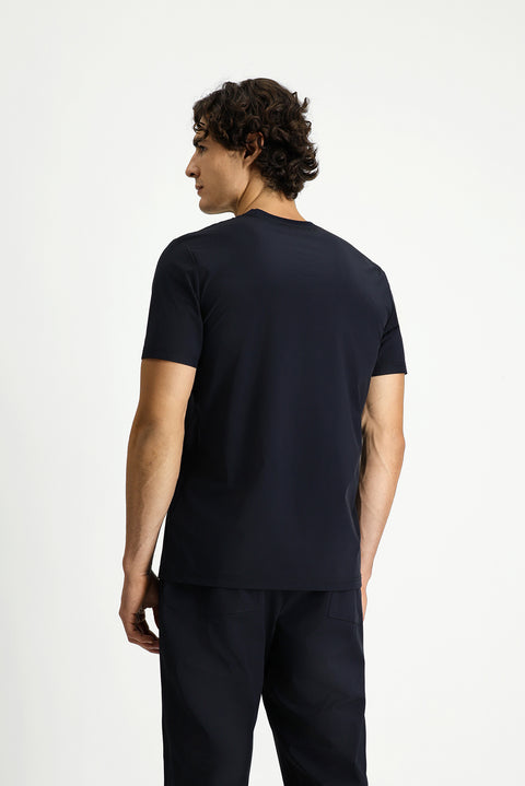Dark Navy Techno-Line Crew Neck Regular Fit Printed Lycra T-shirt