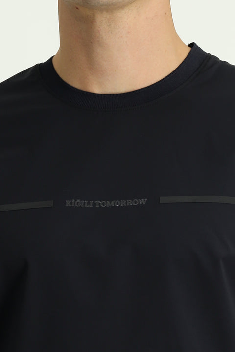 Dark Navy Techno-Line Crew Neck Regular Fit Printed Lycra T-shirt