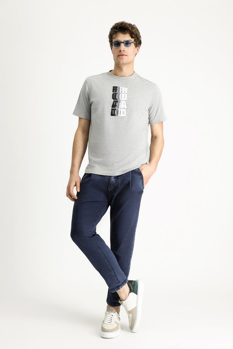 Medium Grey Crew Neck Regular Fit Printed Cotton T-Shirt