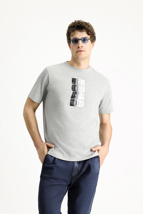 Medium Grey Crew Neck Regular Fit Printed Cotton T-Shirt
