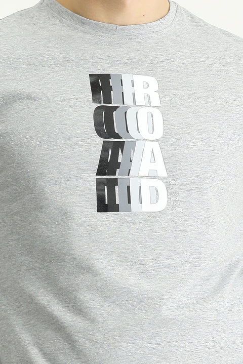 Medium Grey Crew Neck Regular Fit Printed Cotton T-Shirt