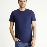 Medium Navy Crew Neck Slim Fit Linen Blend T-Shirt