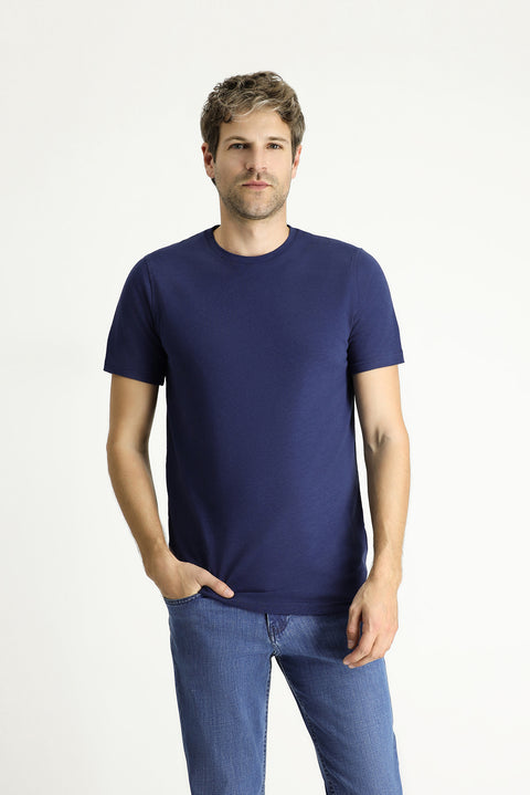 Medium Navy Crew Neck Slim Fit Linen Blend T-Shirt