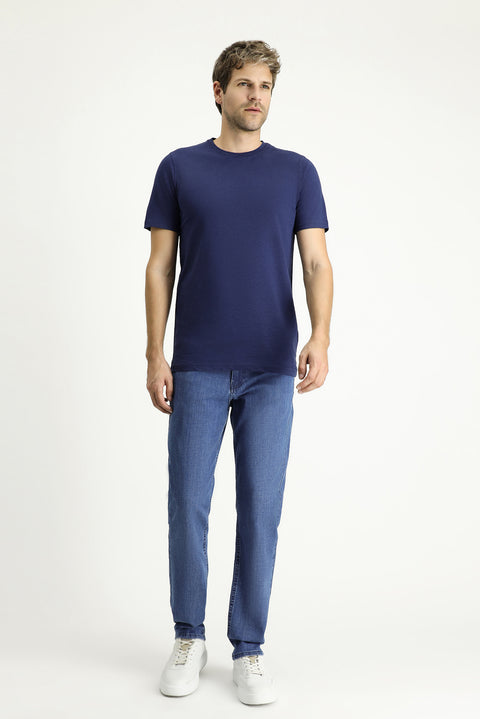 Medium Navy Crew Neck Slim Fit Linen Blend T-Shirt