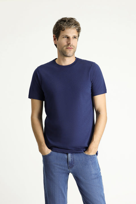 Medium Navy Crew Neck Slim Fit Linen Blend T-Shirt