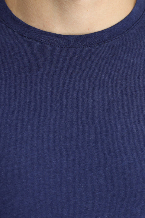 Medium Navy Crew Neck Slim Fit Linen Blend T-Shirt