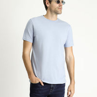 Cloud Blue Crew Neck Slim Fit Linen Blend T-Shirt