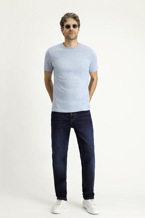 Cloud Blue Crew Neck Slim Fit Linen Blend T-Shirt