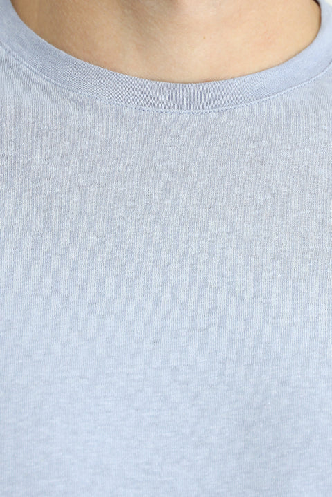 Cloud Blue Crew Neck Slim Fit Linen Blend T-Shirt
