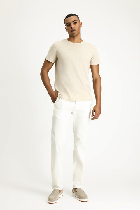 Medium Beige Crew Neck Slim Fit Linen Blend T-shirt