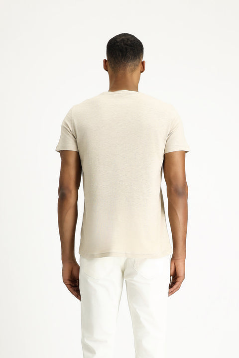 Medium Beige Crew Neck Slim Fit Linen Blend T-shirt