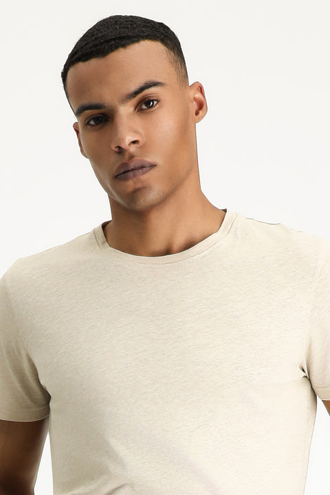 Medium Beige Crew Neck Slim Fit Linen Blend T-shirt