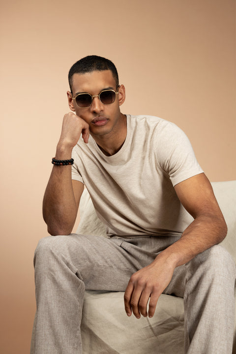 Medium Beige Crew Neck Slim Fit Linen Blend T-shirt