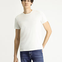 White Crew Neck Slim Fit Linen Blend T-shirt