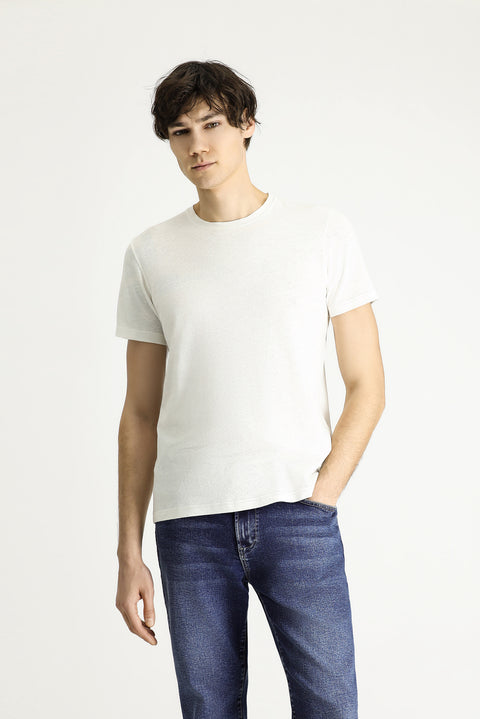 White Crew Neck Slim Fit Linen Blend T-shirt