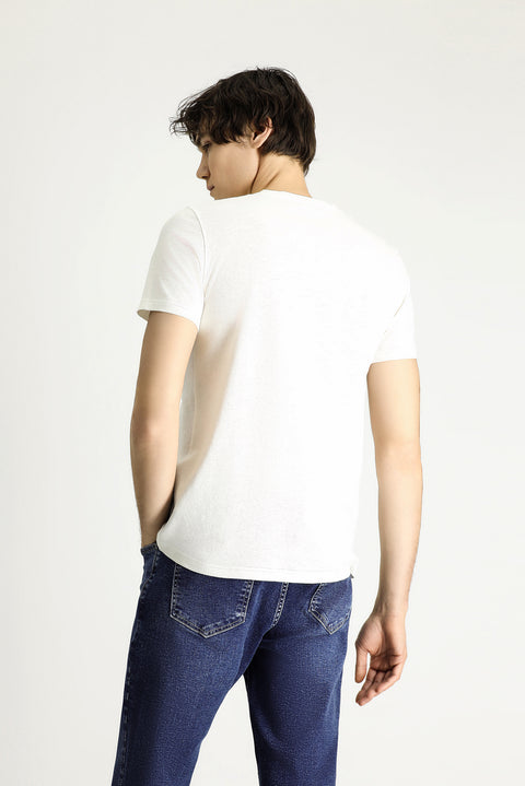 White Crew Neck Slim Fit Linen Blend T-shirt