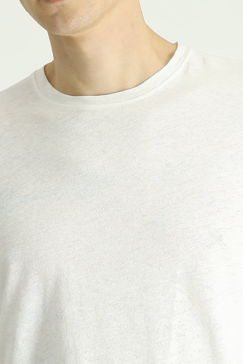 White Crew Neck Slim Fit Linen Blend T-shirt