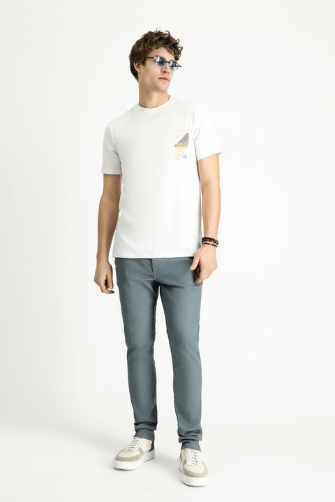 Beyaz Bisiklet Yaka Slim Fit Dar Kesim Baskılı Pamuk Tişört