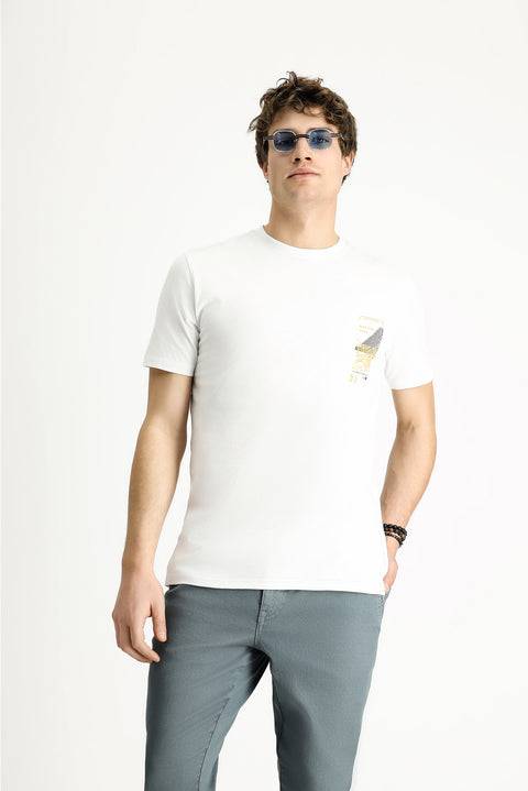 Beyaz Bisiklet Yaka Slim Fit Dar Kesim Baskılı Pamuk Tişört
