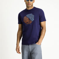 Medium Navy Crew Neck Slim Fit Printed Cotton T-shirt