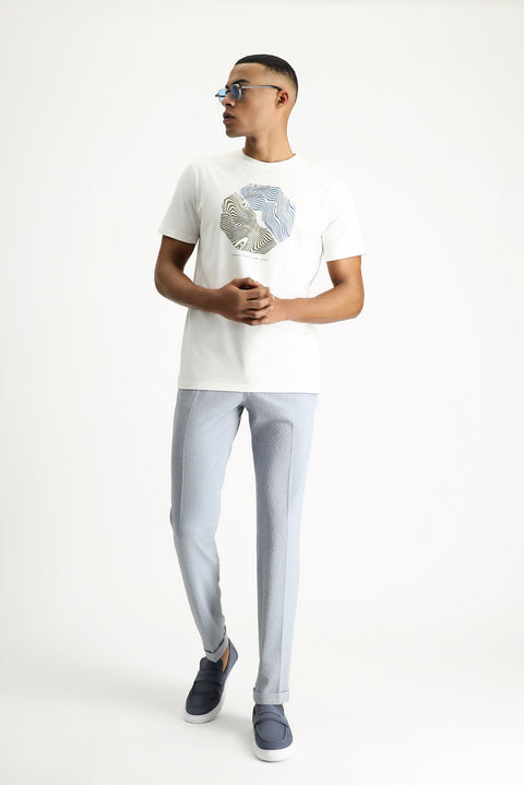 Ekru Bisiklet Yaka Slim Fit Dar Kesim Baskılı Pamuk Tişört