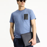 Indigo Crew Neck Slim Fit Narrow Cut Patterned Cotton T-shirt