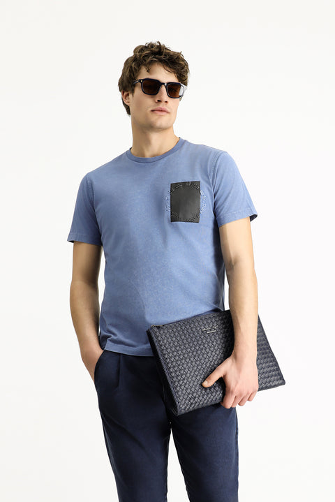 Indigo Crew Neck Slim Fit Narrow Cut Patterned Cotton T-shirt