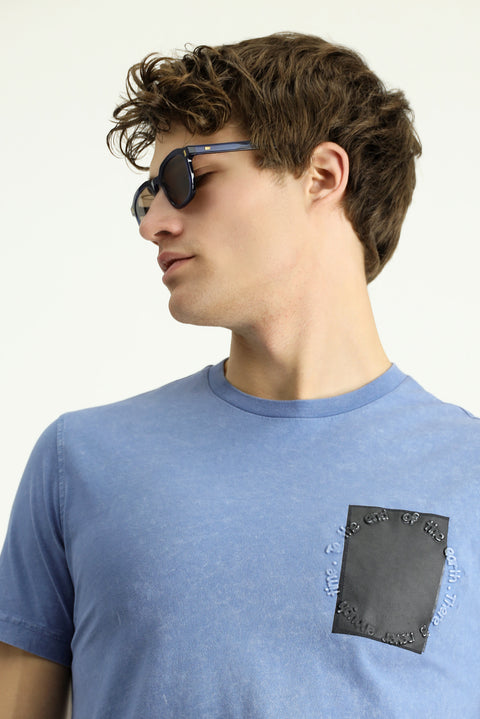 Indigo Crew Neck Slim Fit Narrow Cut Patterned Cotton T-shirt