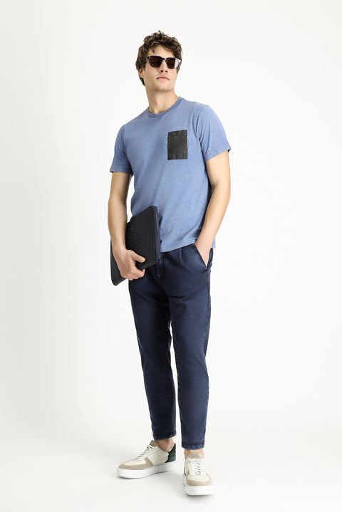Indigo Crew Neck Slim Fit Narrow Cut Patterned Cotton T-shirt