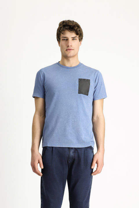 Indigo Crew Neck Slim Fit Narrow Cut Patterned Cotton T-shirt
