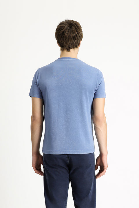 Indigo Crew Neck Slim Fit Narrow Cut Patterned Cotton T-shirt
