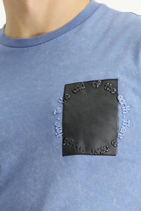 Indigo Crew Neck Slim Fit Narrow Cut Patterned Cotton T-shirt